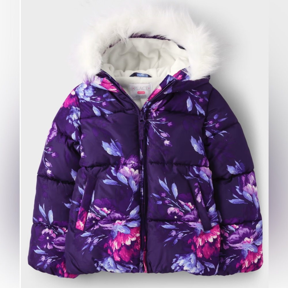 Children Place Girls Floral Puffer Jacket  with Faux Fur